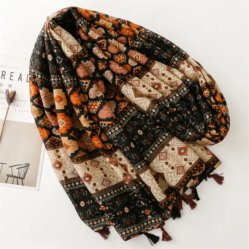 Kyqiao Mexico winter scarf woman autumn ethnic design long geometric pattern hijabs scarf neck warmer muslim hijabs