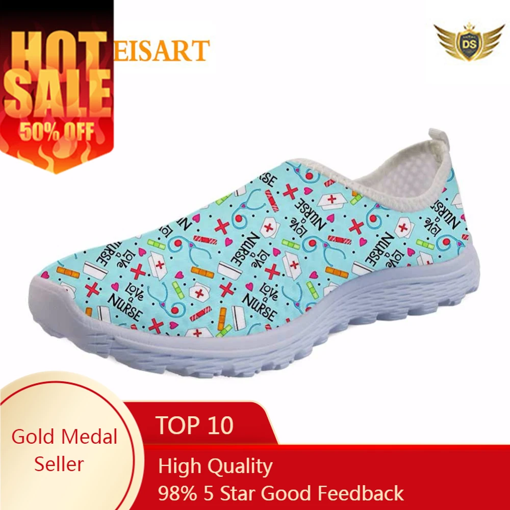 

Fashion Women Flat Shoes Cartoon Nurse Print Slip On Mesh Shoes Breathable Beach Walking Light Nursing Shoes Flats