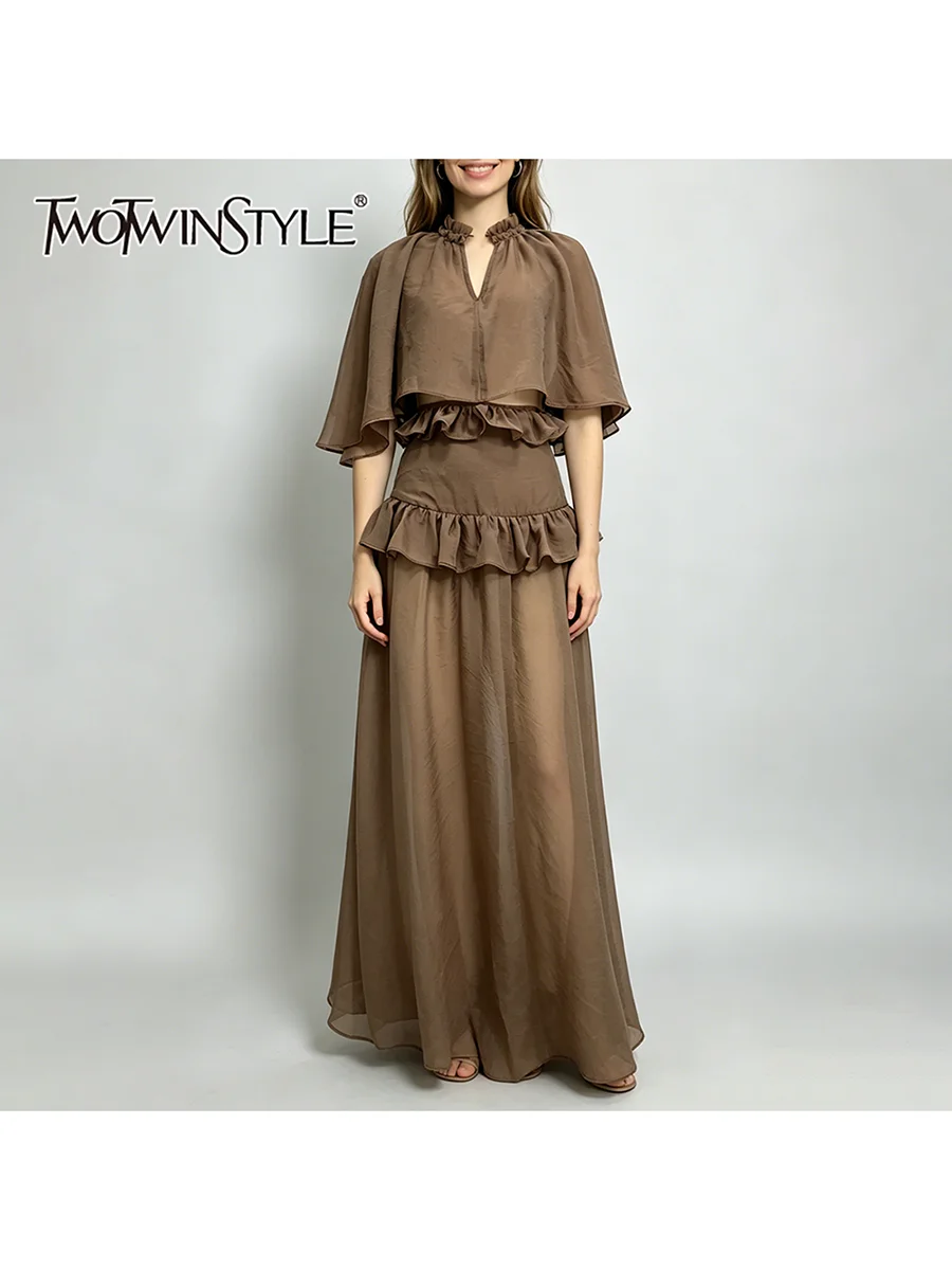 

TWOTWINSTYLE Patchwork Folds Two Piece Sets for Women V Neck Short Sleeve Top High Waist Long Skirt Sheer Set Female Fashion New