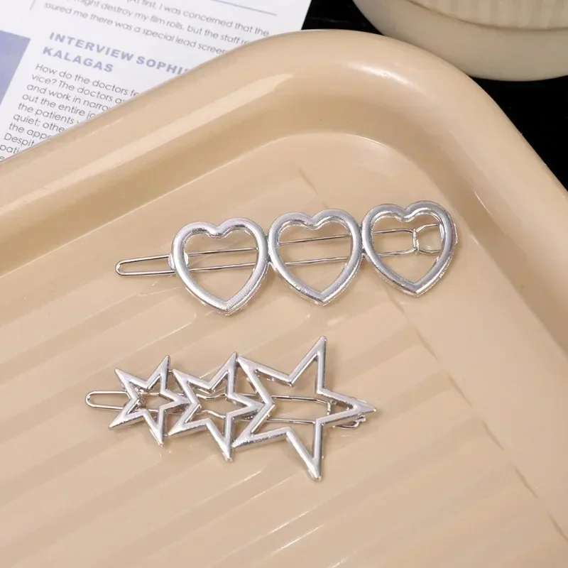 Y2K Hollow Heart Star Metal Hair Clip Sweet Girls Silver Color Love Pentagram Hairpins Fashion Geometric Hair Accessories Gifts