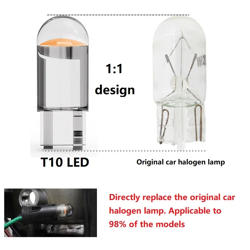 LED Canbus T10 자동차 조명, COB 유리 인테리어 부품 전구, 6000K 흰색 자동차 번호판 램프 돔 독서등, W5W, 12V, 24V, 10X, 신제품