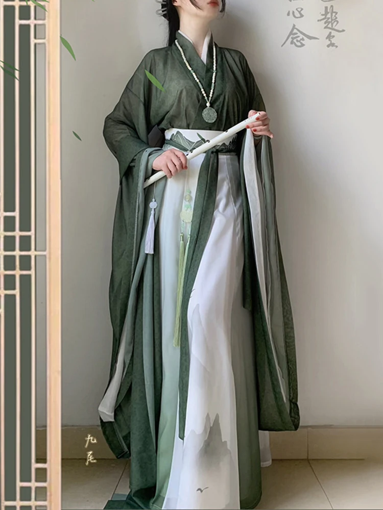 SS11 Hanfu verde estampado para mujer, mangas anchas, estilo chino, elegante disfraz antiguo