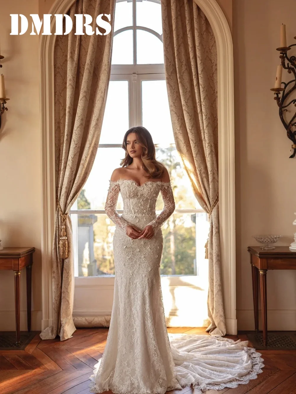 DMDRS Romantic Off-Shoulder Wedding Dress Elegant Strapless Lace Bridal Gowns Formal A-Line Beaded Floor-Length Wedding Gowns