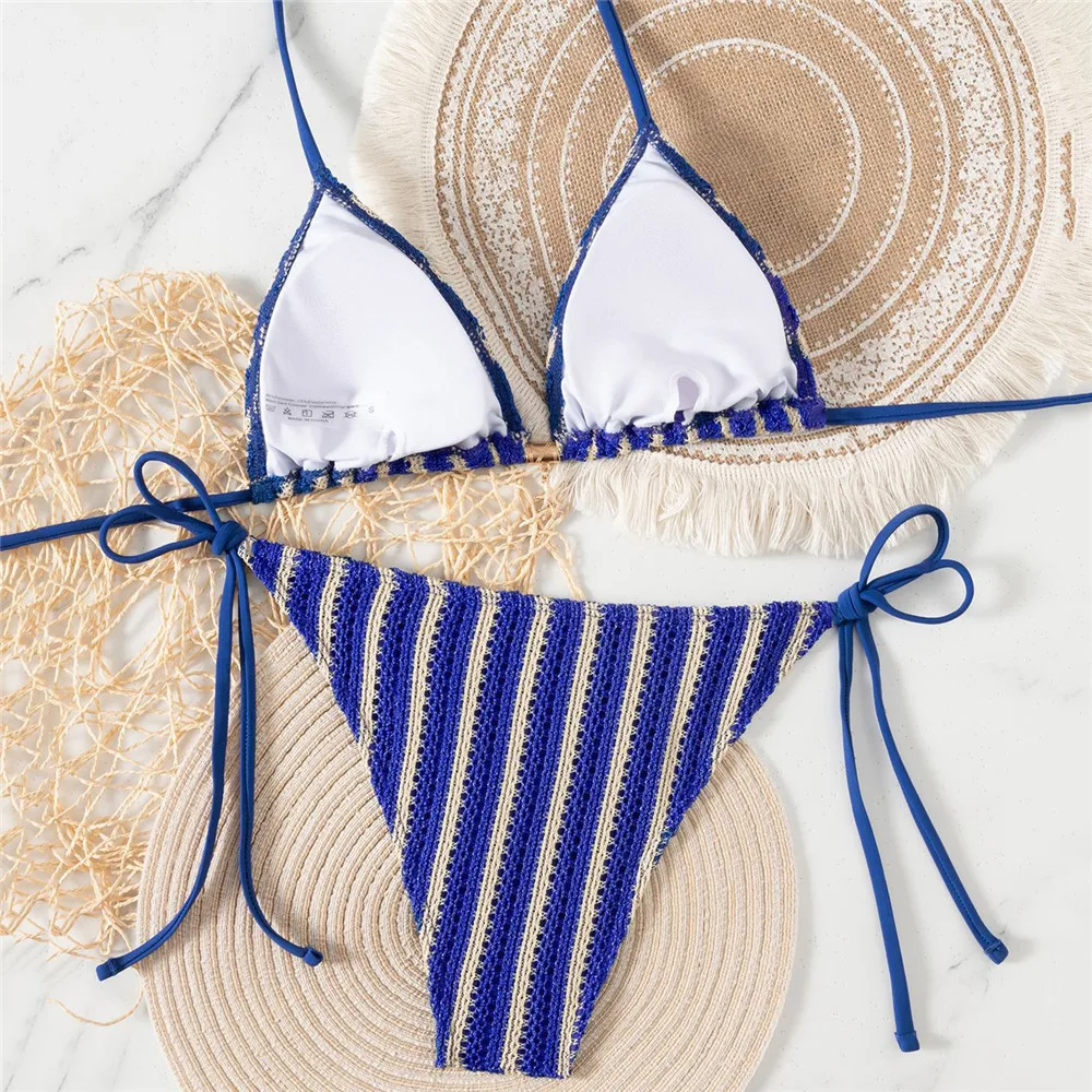 الأزرق مخطط ملابس سباحة محبوكة سلسلة الرسن ملابس سباحة نسائية صغيرة ثونغ مجموعة مثير ملابس السباحة النساء 2026 ثوب السباحة مثلث البيكينيات Mujer #2