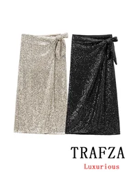 TRAFZA Vintage Casual Chic Women Skirt Sequined Bow Lace-up Long Wrap Skirt New Fashion 2024 Autumn Winter Holiday Party Skirts