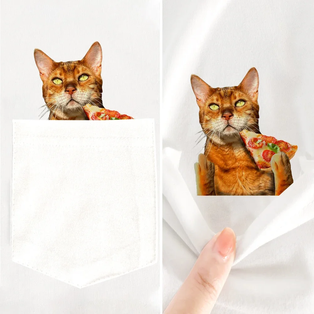 

CLOOCL Animal T-Shirt Orange Tabby Cat with Pizza Pocket Sticker Printed T-shirt 100%Cotton Tees Mens Women Shirts Hip Hop Tops