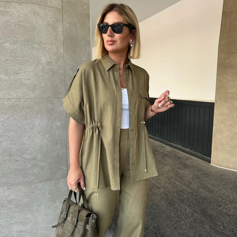 

Fashion Lace Up Shirt Pants Two-piece Sets Women Autumn Casual Loose Short Sleeve Button Shirts Outfits For Women 2025