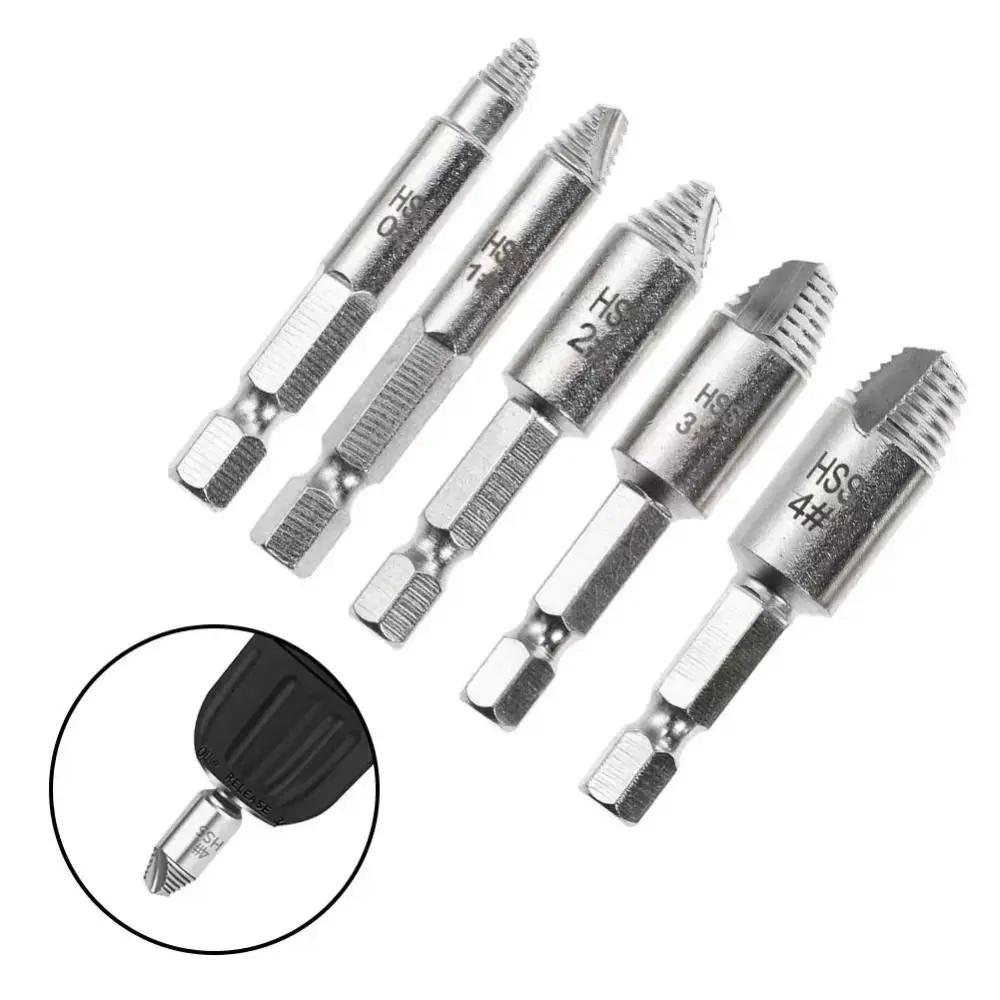 5pcs/set Portable Thread Damaged Screw Extractor High Hardness No Slipping Bolt Remover Hex Shank HSS Demolition Tools Home DIY