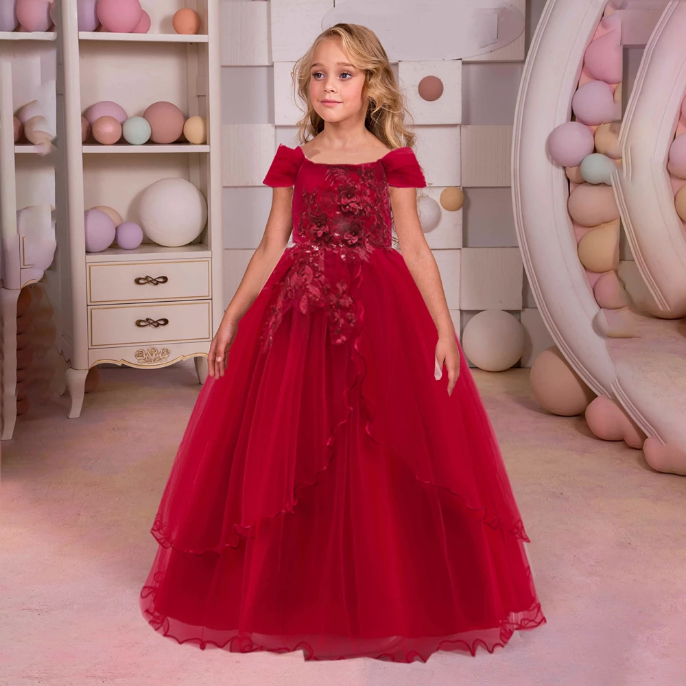 Lace Formal Dress for Girls Costume Embroidery Wedding Princess Children Tailing Girls Dress Tutu Host Flower Party Kid Clothes