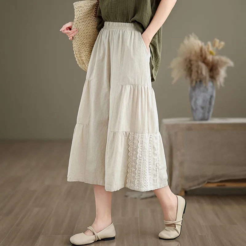 Women Casual Wide Leg Pants New Arrival 2024 Summer Vintage Style Patchwork Lace Loose Female Calf-length Casual Pants B3751