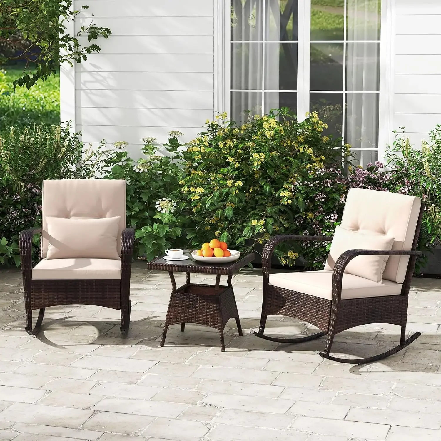 USA Stock3 Pieces Patio Furniture Set, Outdoor Wicker Rocking Chairs with Cushions, Pillows, Glass Coffee Table, Rattan Bistro R