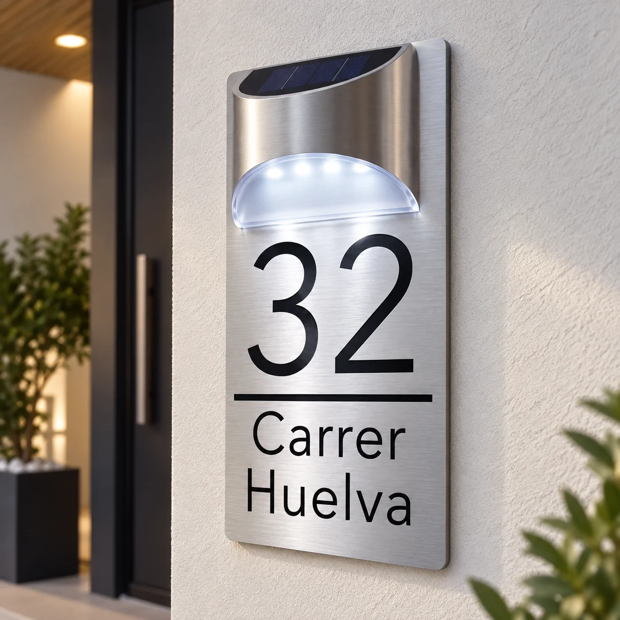 Personalized Custom House Number Sign Plate Light Glow Solar Led Lit Composite Aluminum Brushed Silver OutDoor Address Plaque