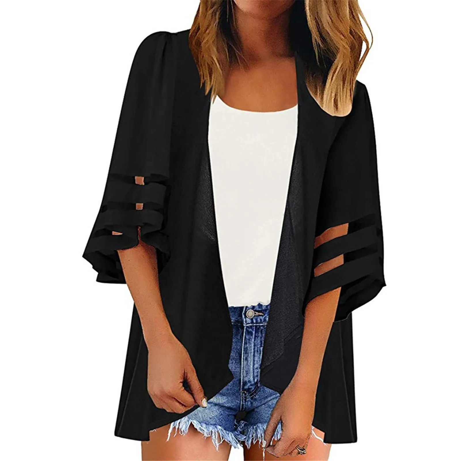 Cardigan Sleeve Kimono Color Mesh 3/4 Panel Loose Bell Women Chiffon Casual Tops