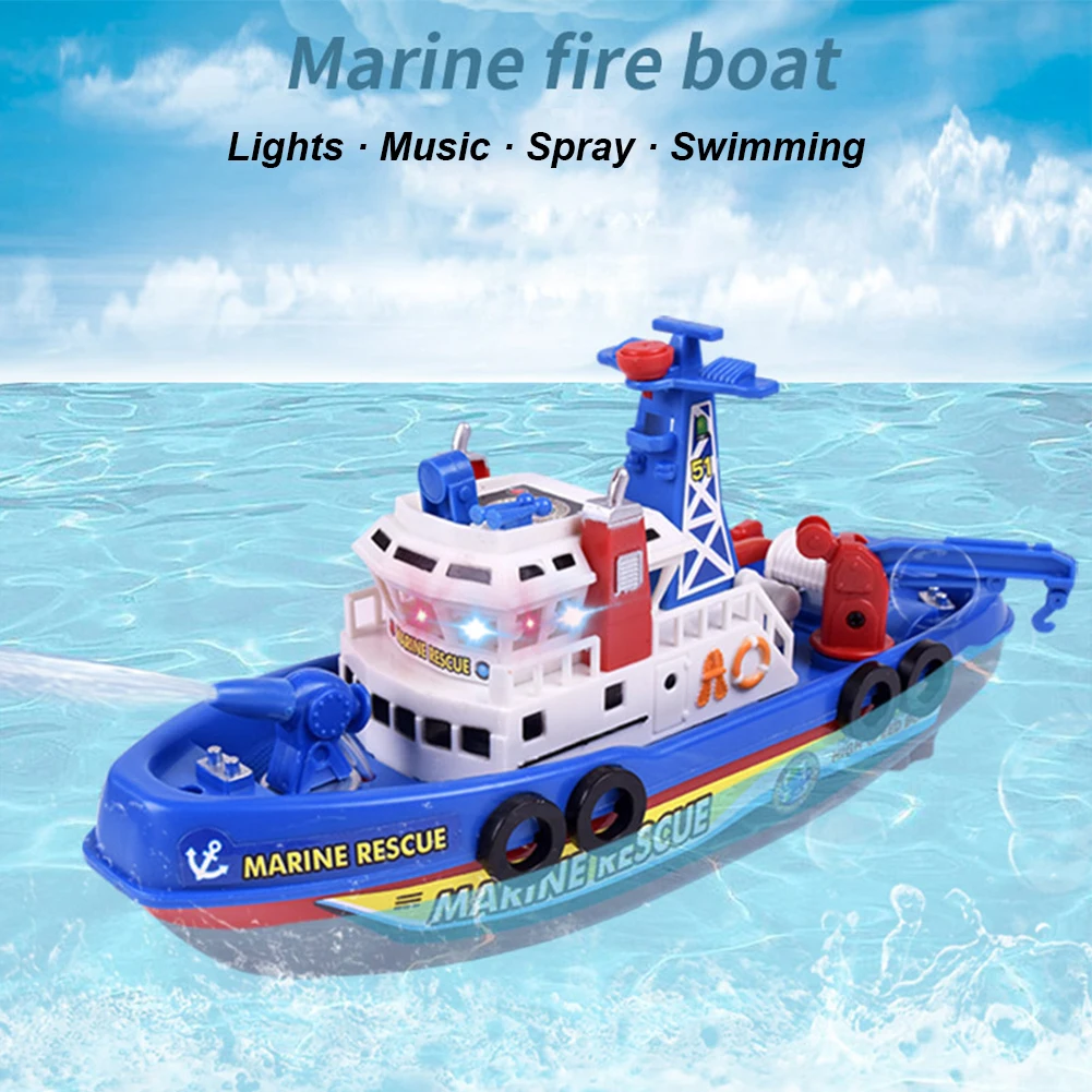 Spray Water Swim Pool Bathing Toys Light Up Pool Bathtub Toy Boat with Light Music Funny Fire-Fighting Ship Toy for Kids Ages 3+
