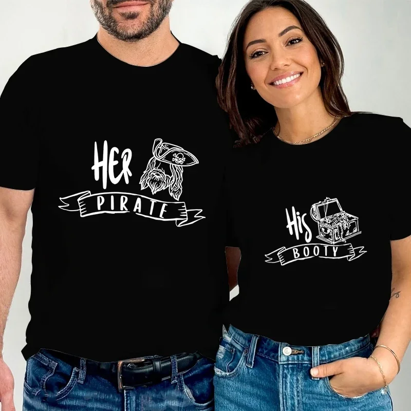 Summer Husband Wife Fashion Sweet Street Lovers T-shirt Her Pirate/His Booty Print T-shirt