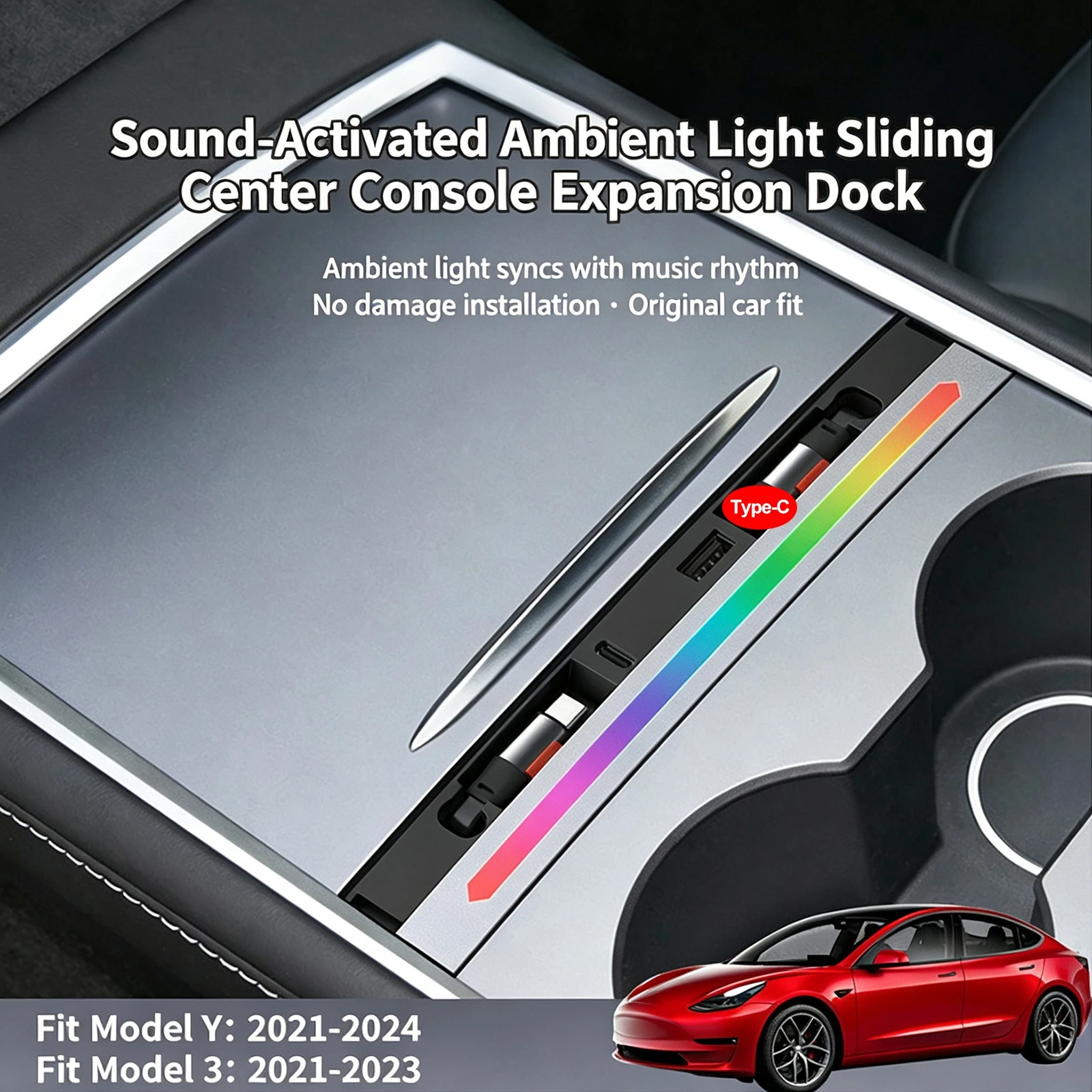 Central Control Expansion Dock for Tesla Model 3Y with Car-mounted Retractable Cable on-board Charger and Ambient Light Function view 2