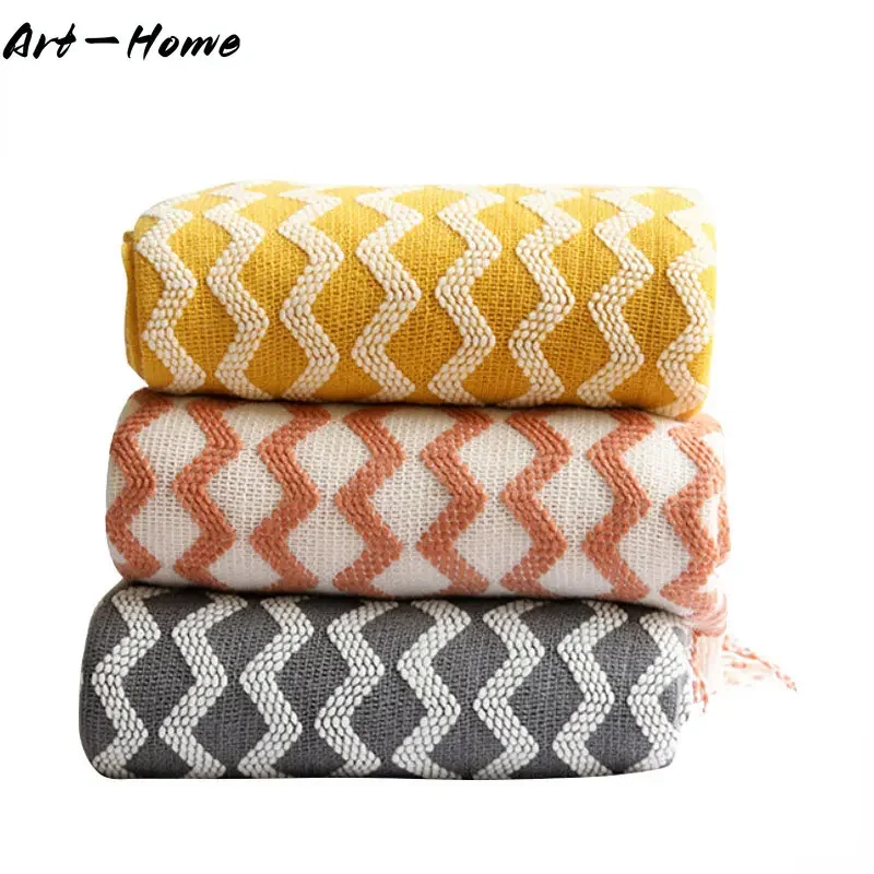 Nordic Knitted Throw Blankets with Tassel Striped Blanket for Beds Couch Travel Blanket Soft Scarf Shawl for Women