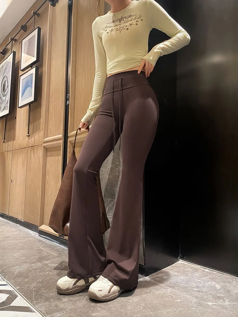BIVIGAOS Autumn New Drawstring High Waist Micro Flared Leggings Women Slim Fit Elastic Fashionable Casual Sports Flared Pants