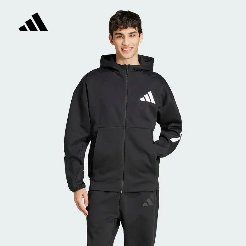 2026 New Adidas Mens Knit Hooded Jacket JD5984 Black Full Zip Sportswear