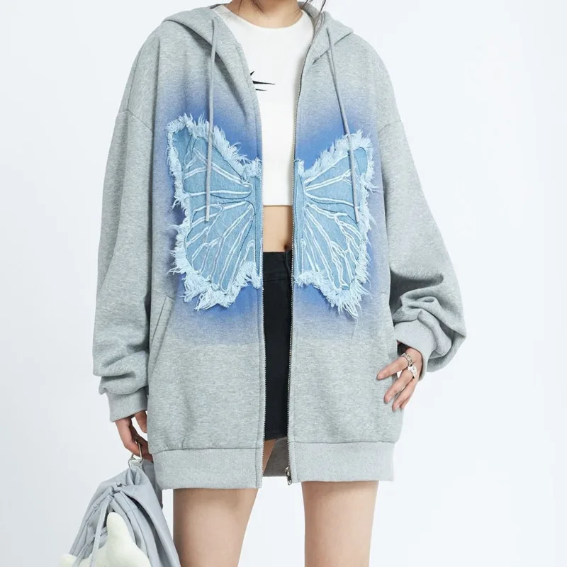 

Women Autumn Loose Long Sleeve Pullovers Y2k Street Hoodies Couple Sweatshirt Vintage Denim Butterfly Embroidery Patchwork Tops