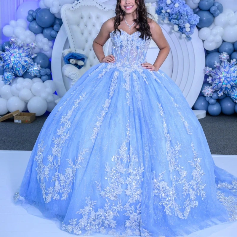 

Blue Shiny Quinceanera Dresses Off The Shoulder Silvery Applique Beading Crystal Tull Party Birthday Sweet 16 Dress Vestidos 15
