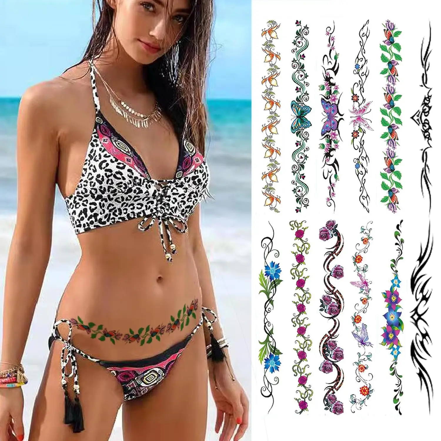 

Sexy Flower Navel Tattoos 12 Sheets Long Belly Abdomen Waist Back Waterproof Temporary Tattoos Fake