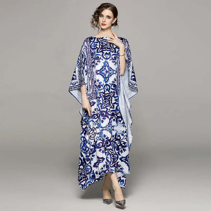 Indie Folk Slash Neck Dress Women Elegant Loose Tie Up Irregular Formal Party Dress Blue White Porcelain Print Baggy Vestidos