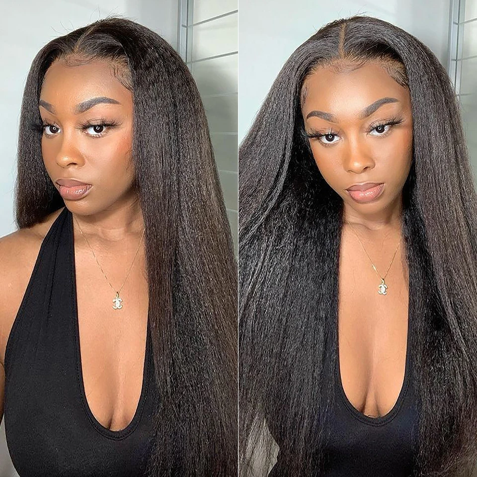 Yaki Kinky Straight Glueless Human Hair Wig for Women, Prête à porter, Pré-plumé, 6x4 HD Lace Wigs, Pre-Cut, No Glue, 200%