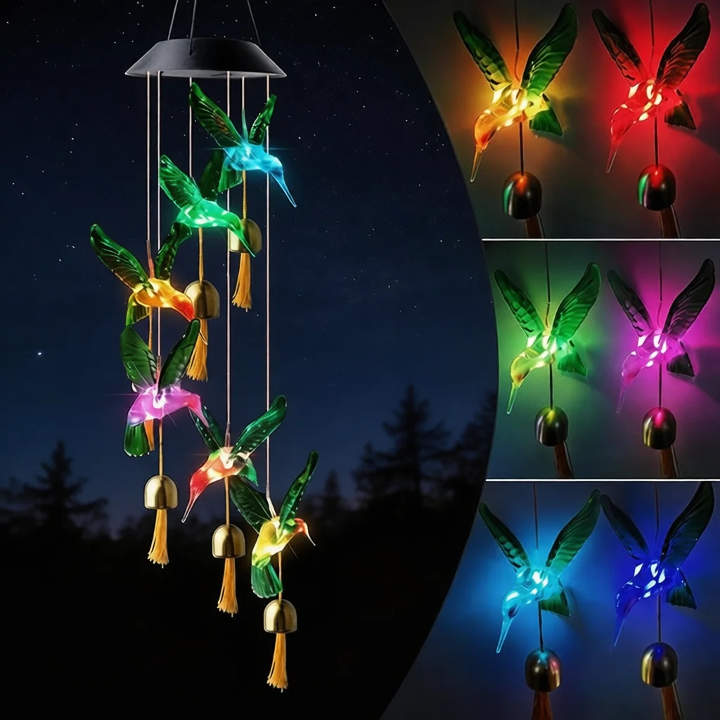 Outdoor Lighting Decor Ideas - Solar Wind Chime Light Hummingbird Colorful