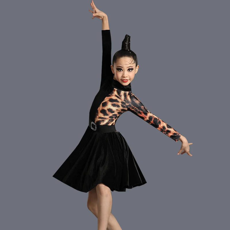 Girl Latin Dance Dress Ballroom Children Dance Salsa Black Leopard Print Kids Tango Dresses Dancing Stage Performance Clothing