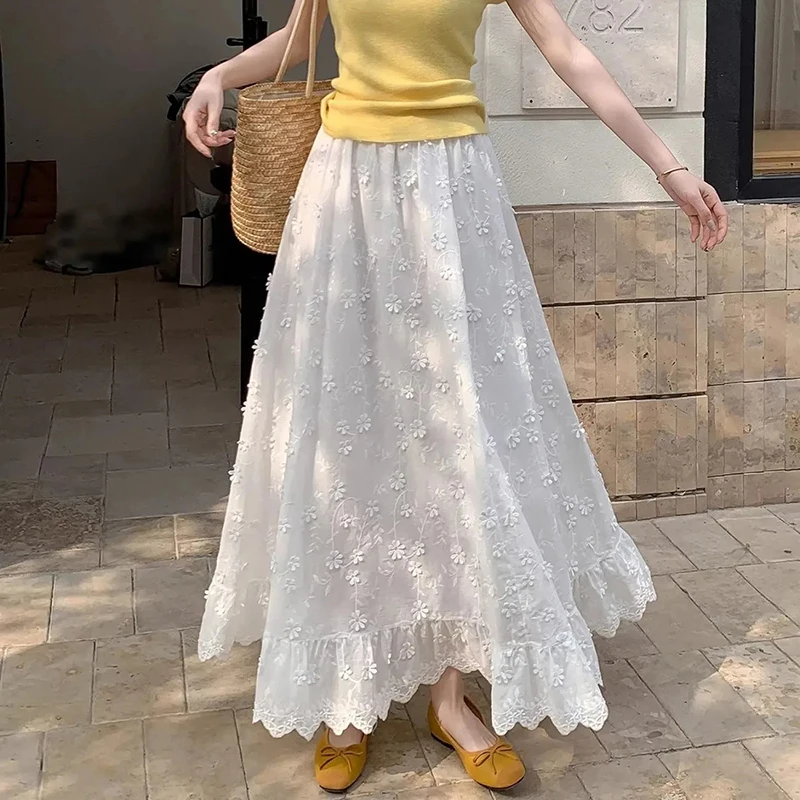 White Heavy 3D Floral Skirt Women Sweet Crochet High Waisted Midi Skirt Lace Patchwork Preppy Style Korean Fashion Long Skirt