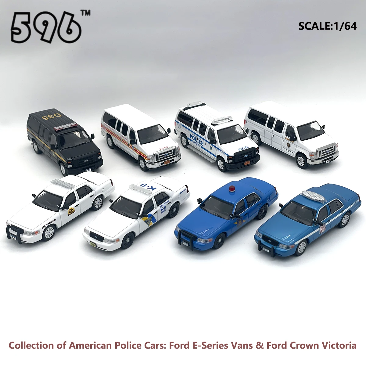 Auf Lager 596 Modelle 1:64 Amerikanische Polizei- und Dienstfahrzeug-Serie Ford Crown Victoria + E350 Van Druckguss-Modellauto
