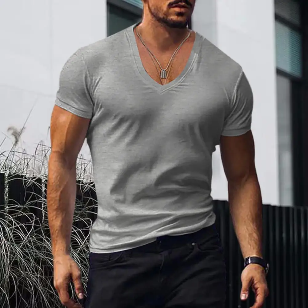 Men T-shirt V-neck Solid Color Sweat Absorption Pullover Top Breathable Dress-up Bodybuilding Shirt Slim Fit Summer Shirt Top