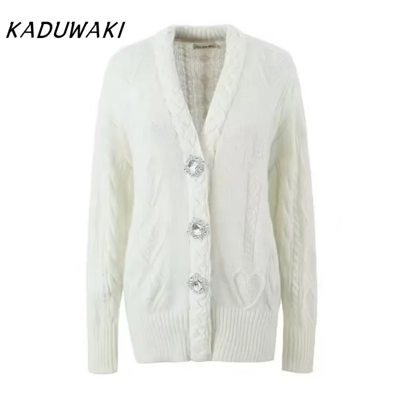 KADUWAKI E-girl Gothic Women Spring Fashion Sweet Twist Jacquard Knitted Cardigan Rhinestone Button Short Sweater Cute Outwear