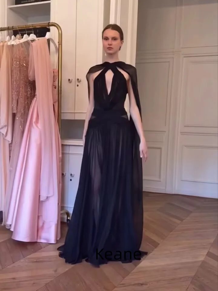 

Black Deep V Illusion With cloak Chiffon Evening Dresses Custom Made Elegant Dress for Special Occasions Prom Gowns