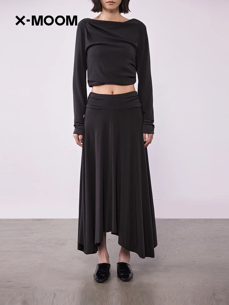 

XMOOM2025 Осенняя новинка: Длинная асимметричная юбка-полусолнце для женщин, повседневная, со средней талией, плиссированная, А-силуэт, из смесового полиэстера и хлопка