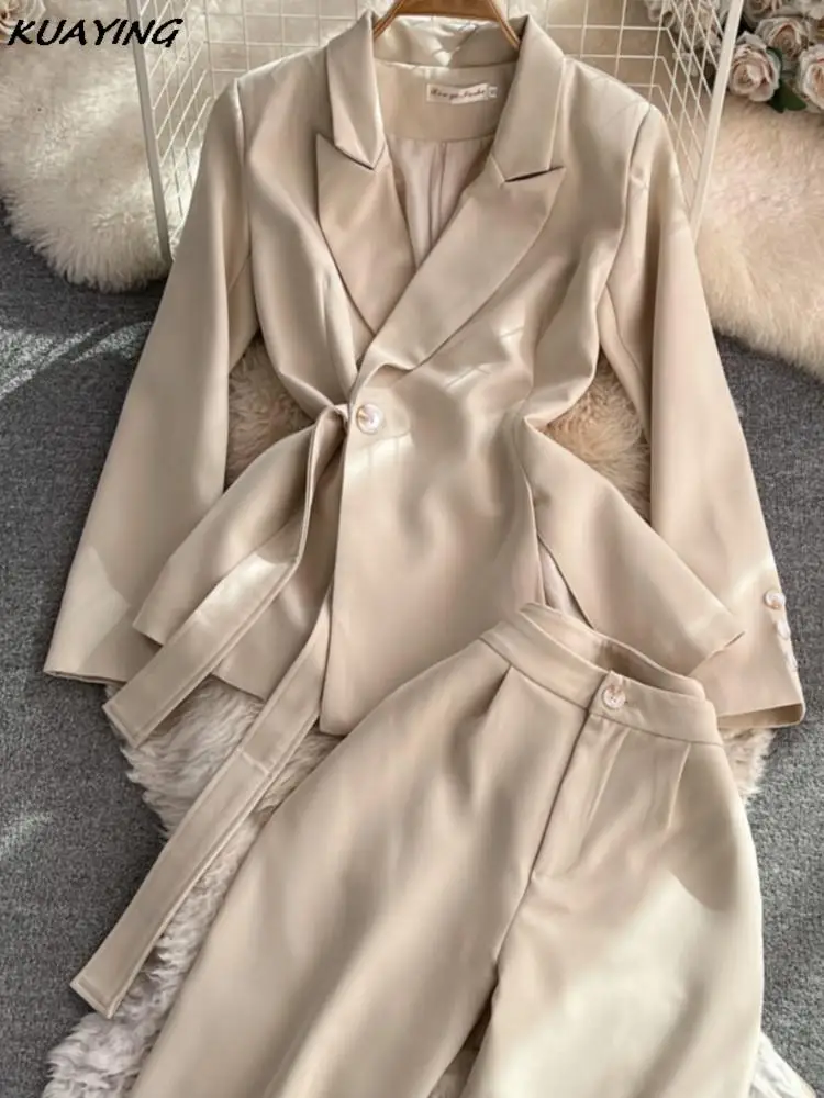 Koreanische Frauen passt 2 Stück Langarm Blazer hohe Taille gerade Hosen Vintage-Sets weibliche Mode Büro Dame feste Kleidung