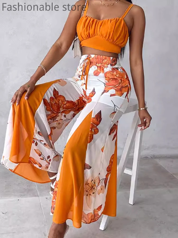 2 Piece Sets Women Outfit Spaghetti Strap Print Crop Top and High Waist Wide Leg Trousers Set