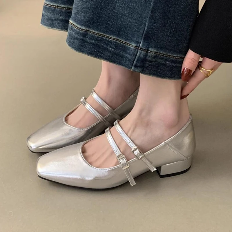 Women French Square Head Small Leather Shoes 2024 OL Wear Spring Slip On Shallow Buckle Mary Jane Single Shoes New High Quality