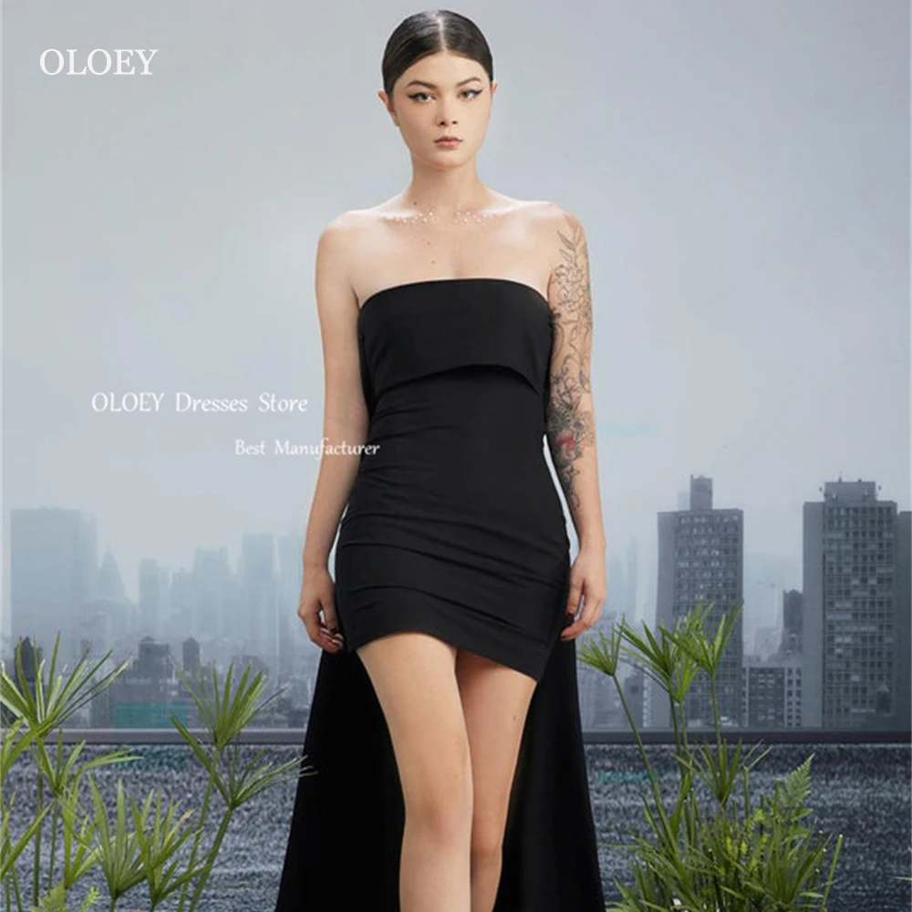 

OLOEY 2024 Simple Black Wedding Dress Korea Photoshoot Stain Strapless Above Knee Watteau Train Bridal Gown Robe de mariage