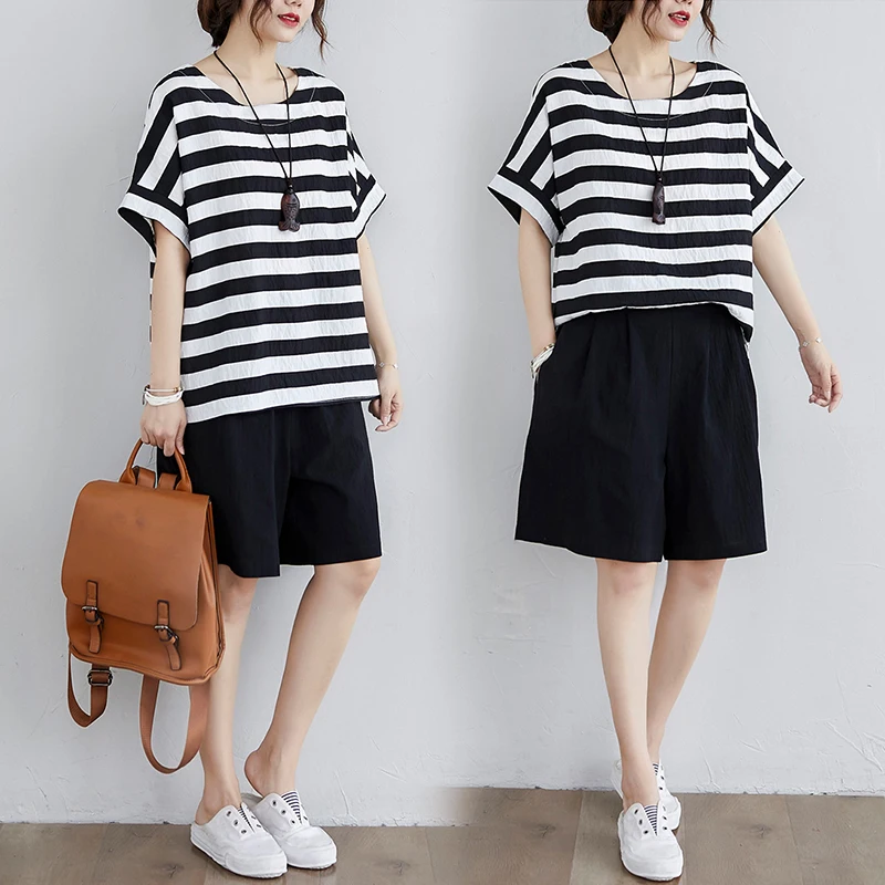 

Casual Faion Loose Fit ort Sve round Ne Side Slit Striped T-irt And High Waist Wide Leg orts Two Piece Set