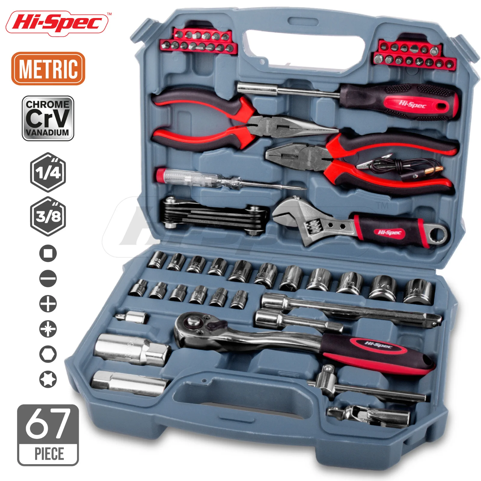 Hi-Spec 67pc Car Repair Tool Kit Set 1/4 3/8 Auto Mechanical Tools Metric DIY Hand Tools Socket Screwdriver Set Plier in Box