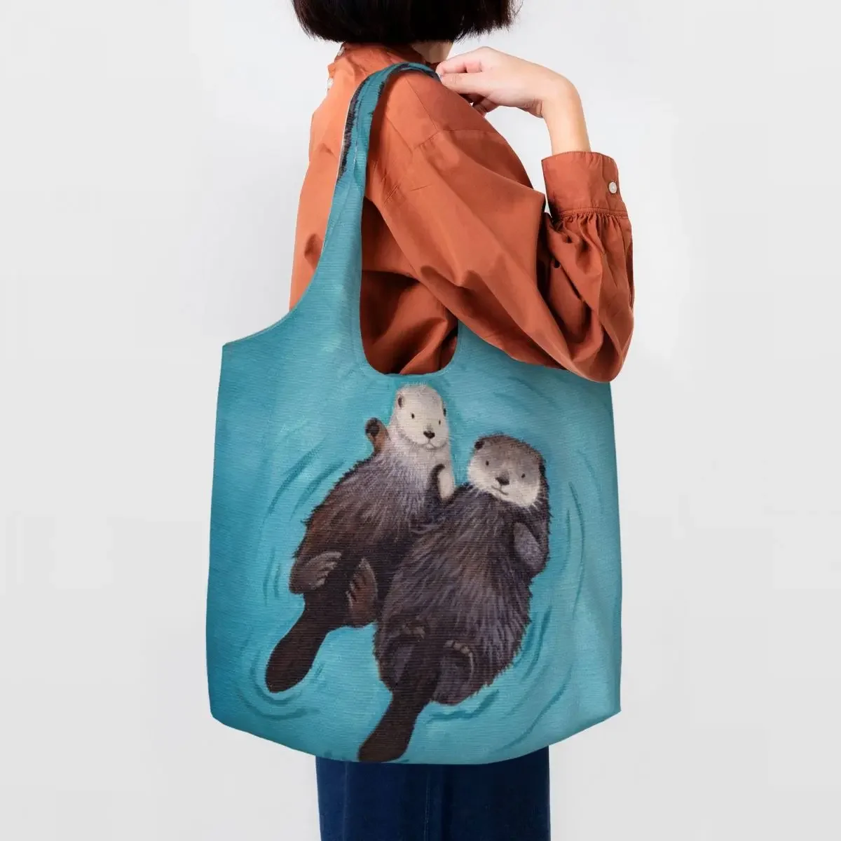 

Reusable Romantic Otter Couple Shopping Bag Women Canvas Shoulder Tote Bag Durable Pet Animal Groceries Shopper Bags Handbag