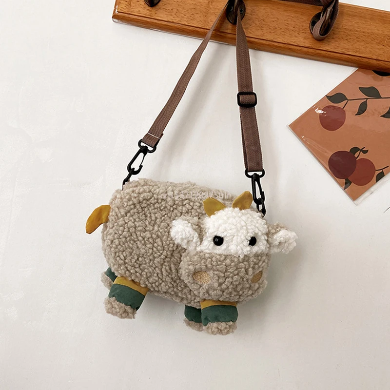 Lovely Cartoon Cow Shape Plush Messenger Bag Kid Designer Bag Cattle Crossbody Bags Small Handbags Coin Purse Women'S