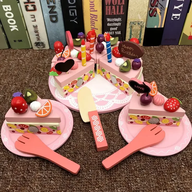 Modèle de gâteau d'anniversaire double Harvey en bois pour enfants, maison de jeu, simulation, bricolage, cuisine, jeu de simulation, gâteau de coupe, tout-petit, enfant