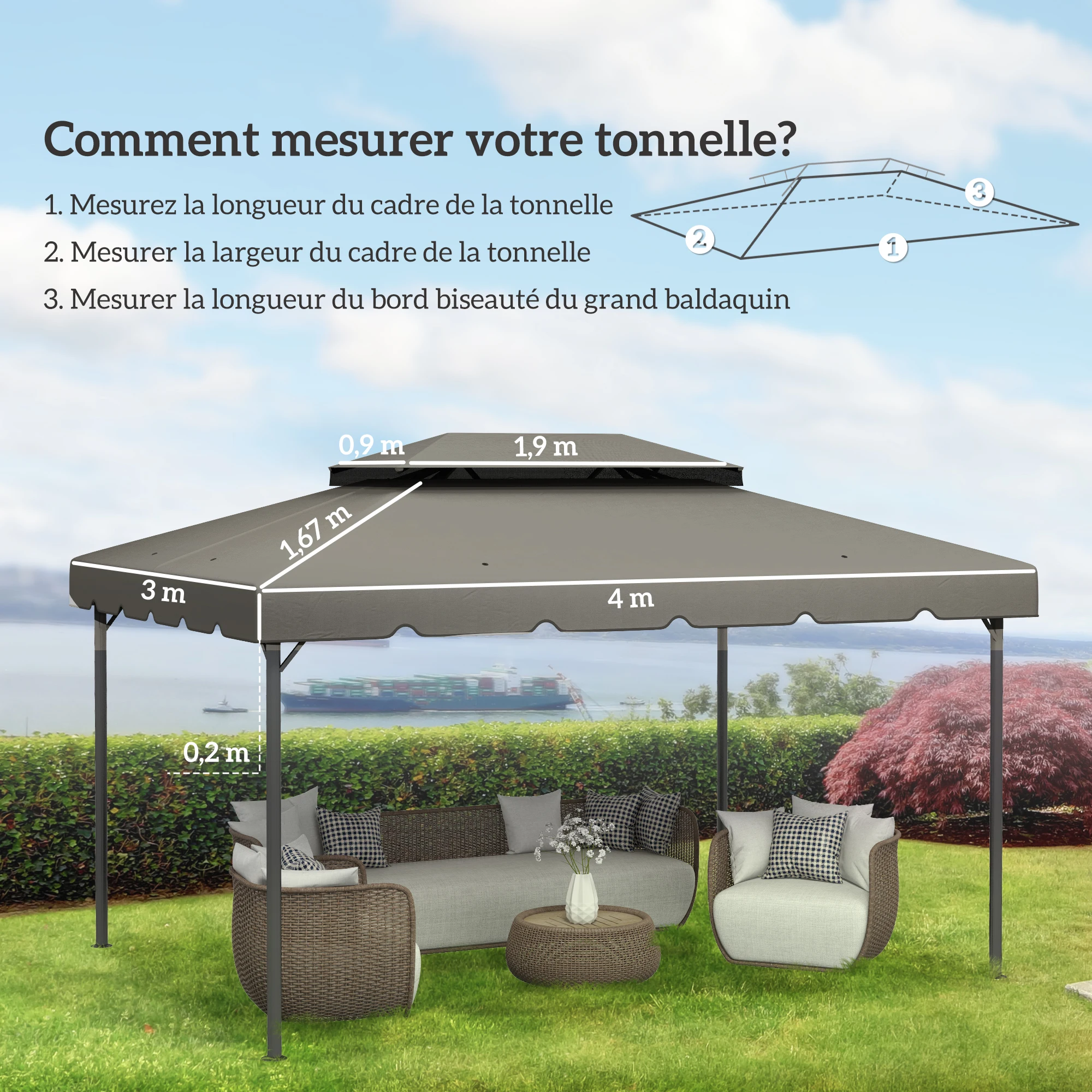 Bild 6: Ersatzplane für Pavillon-Dach, Ersatzplane für Gartenpavillon, Stoff aus Polyester, 4x3 m, hellgrau