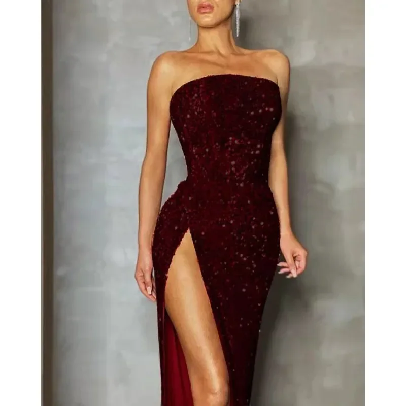 

Strapless Maxi Long Dresses Women Sparkling Sequin Backless Sexy Evening Party Dresses Vestidos Slim High Slit Formal Dress