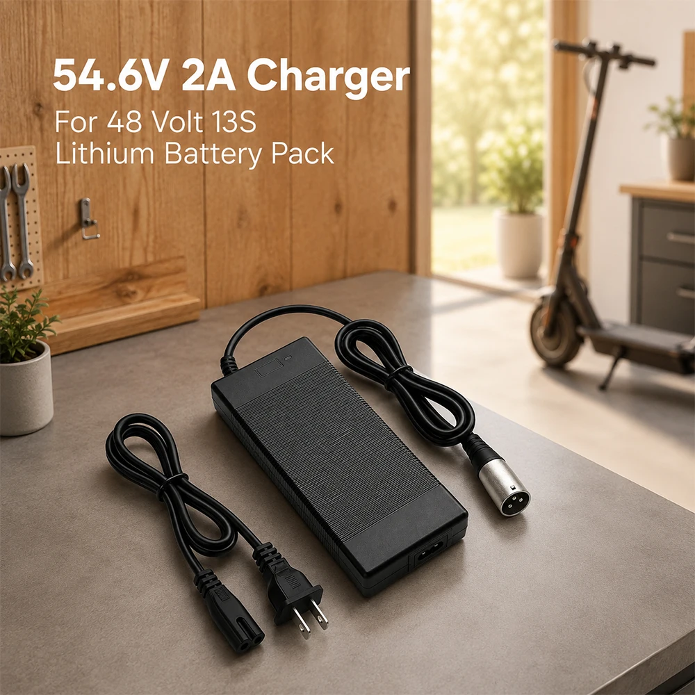 54.6V 2A Charger for 48V Li-ion Battery Pack 3-Pin Male XLR Connector Smart Shut-Off Multiple Safety Protection