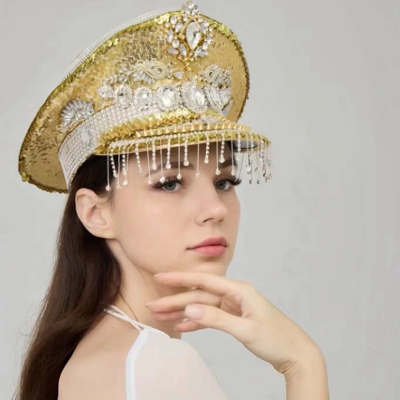 

HongLuan Luxury Golden Captain Hat Rhinestone for Burningman Festival Woman, Vintage Military Accessories & Military Cap Man