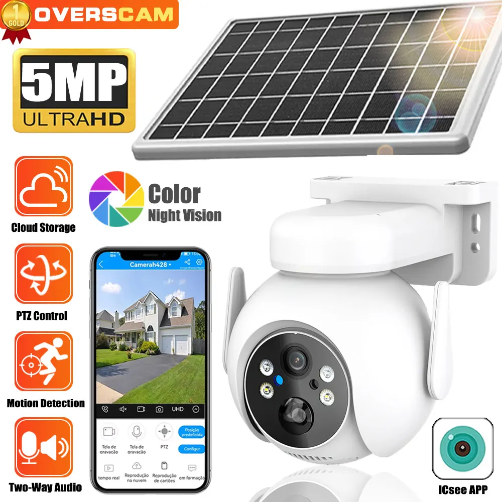 

5MP PIR Human Detection Outdoor 360° WIFI Solar Camera Security With Solar Panel Wireless Surveillance PTZ Battery Camera iCsee